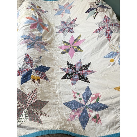 Vintage Hand-Stitched Lemoyne Star Summer Quilt Coverlet 8 Point  73" X 67" - Picture 13 of 16